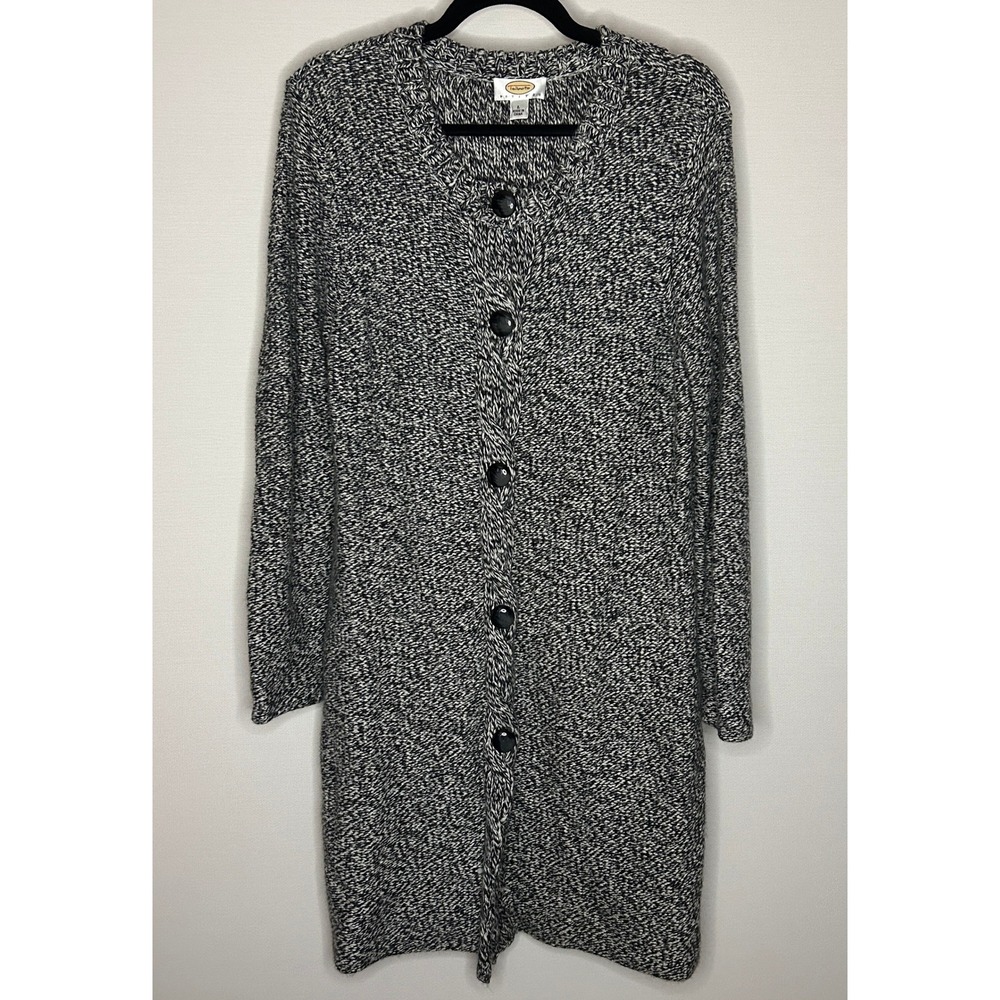 VTG Talbots Petites Lambs Wool Black White Button Long Cardigan Sweater Women L‎